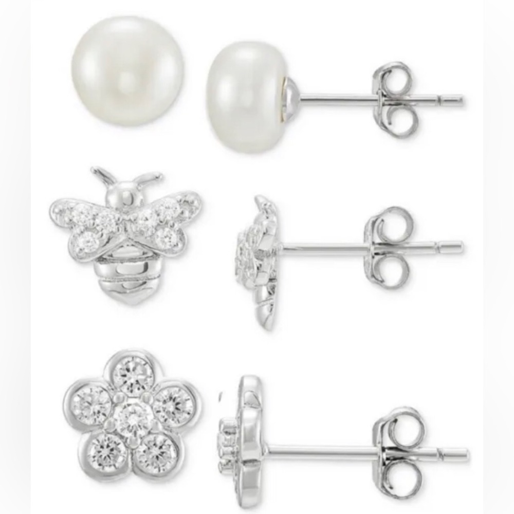 🎁 Giani Bernini Sterling Silver 3 Piece Set Stud Earrings Freshwater Pearls